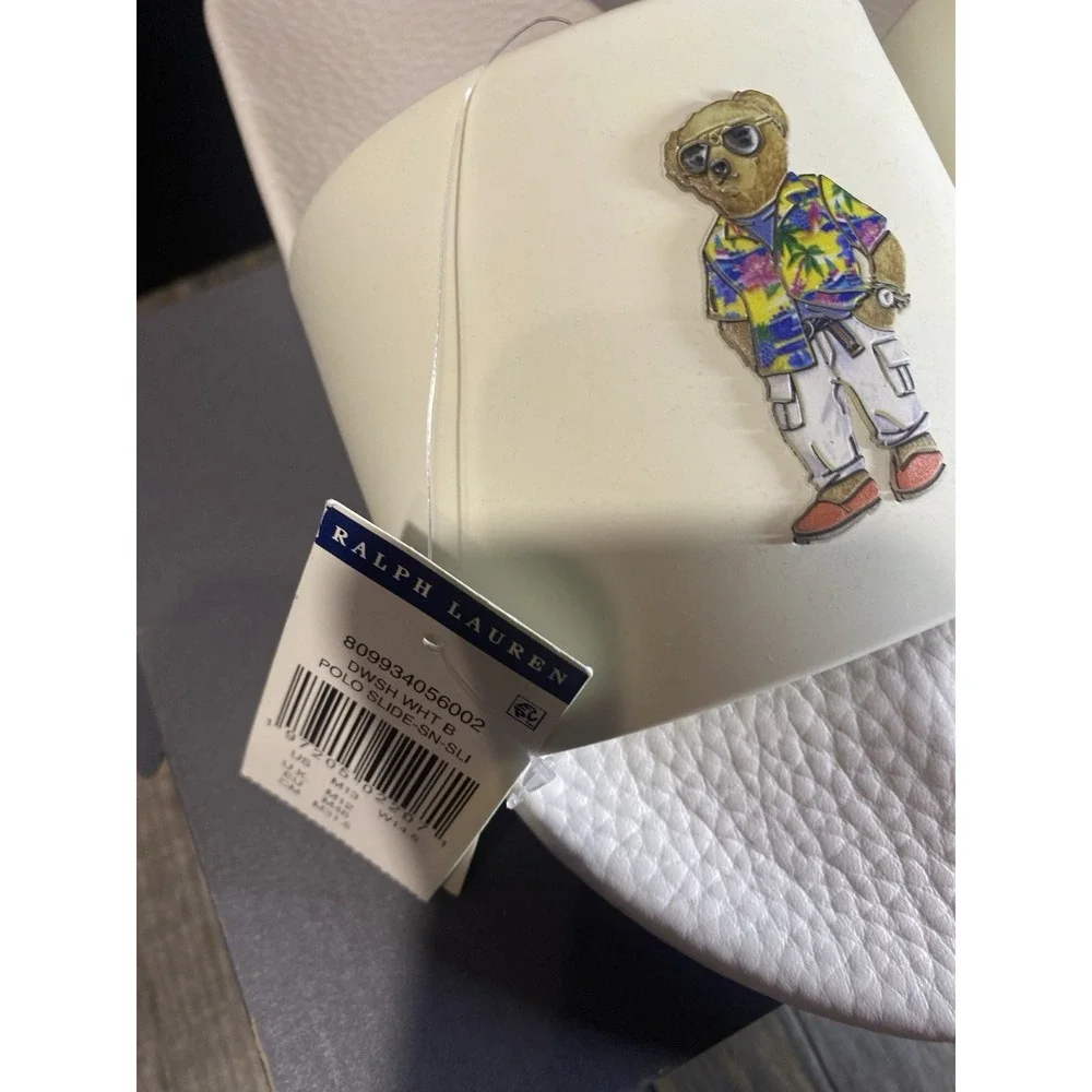 New Polo Ralph Lauren Men's Slides White Heritage Beach Polo Bear Hawaiian 13